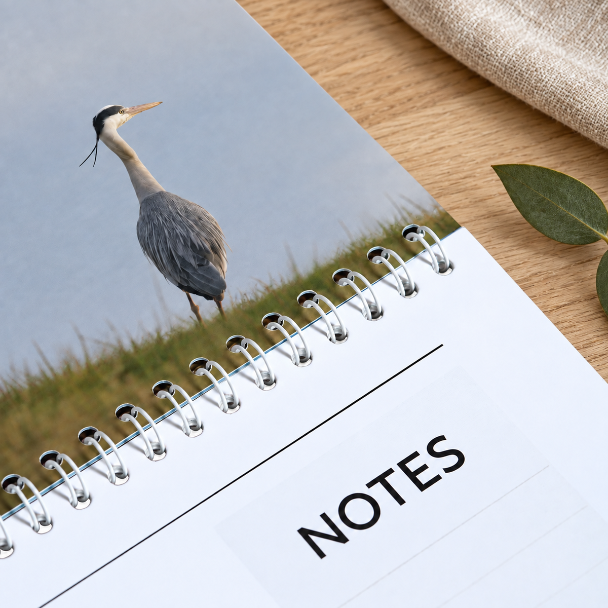 Detail van de vogelkalender met een blauwe reiger, spiraalbinding en ruimte voor notities.