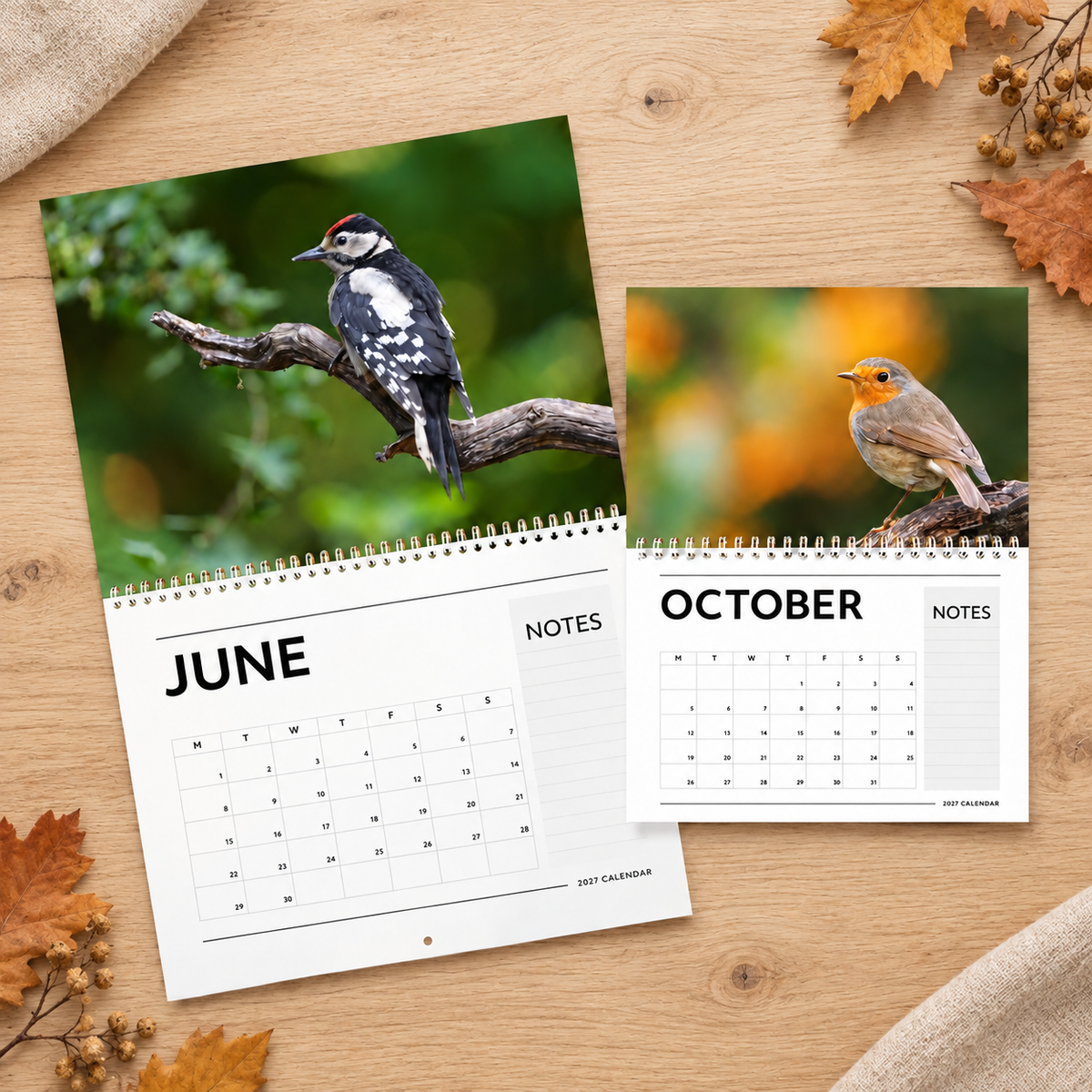 Juni- en oktoberpagina van de vogelkalender 2027 met een grote bonte specht en een roodborst.