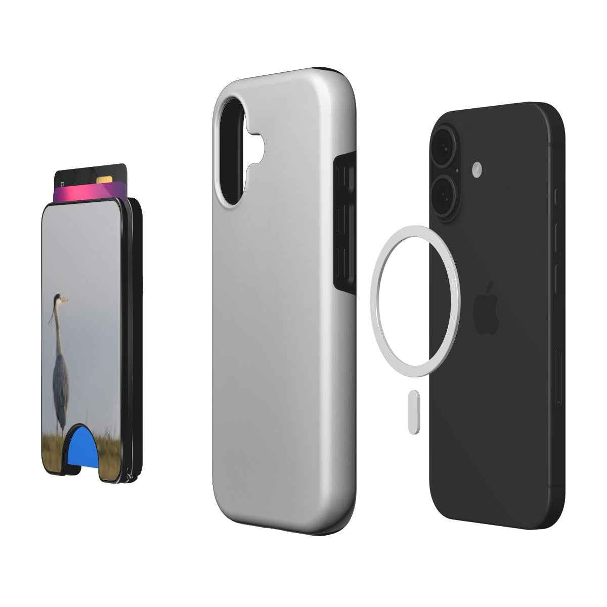Blauwe Reiger telefoonwallet gebruikt als horizontale standaard