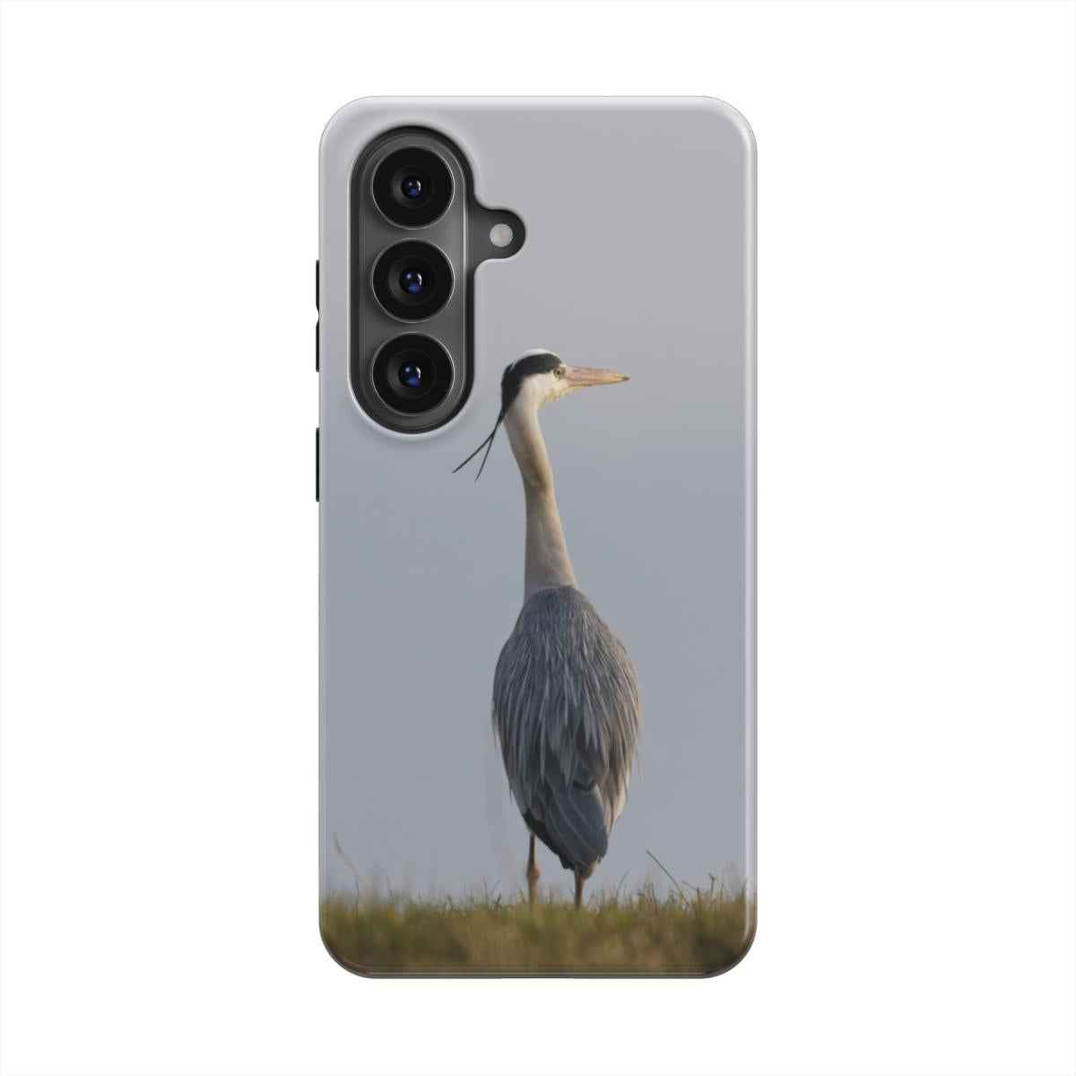 Samsung-hoesje met originele natuurfoto van een Blauwe Reiger, schuin aanzicht
