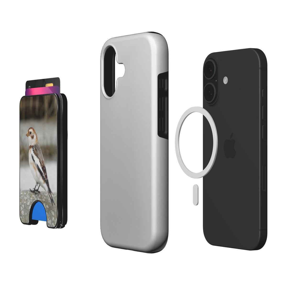 Sneeuwgors telefoonwallet gebruikt als horizontale standaard