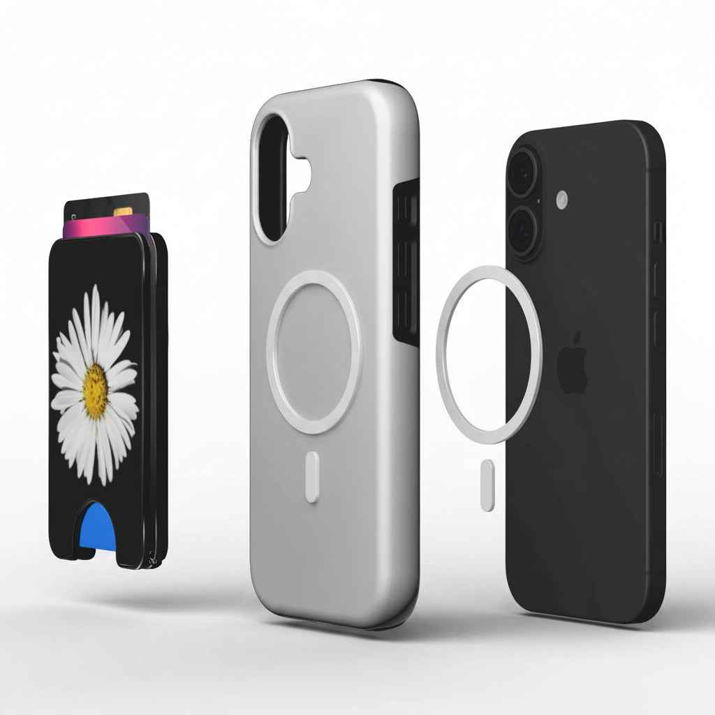Madeliefje telefoonwallet gebruikt als horizontale standaard