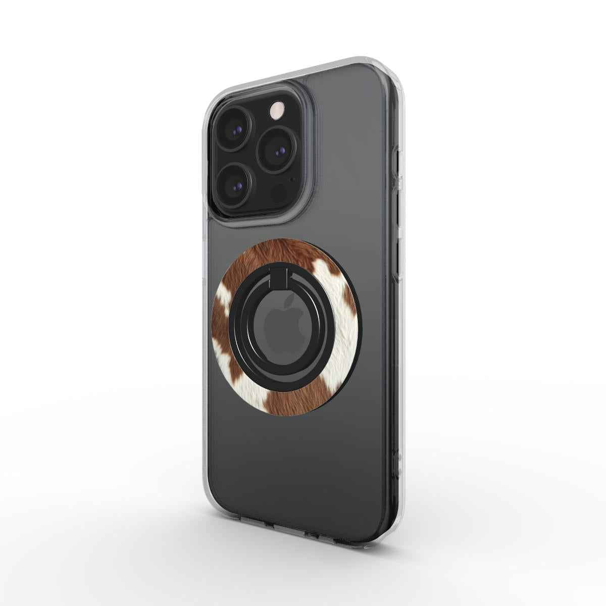 Schuin zijaanzicht van een iPhone met roodbonte koeienprint magnetische ringhouder