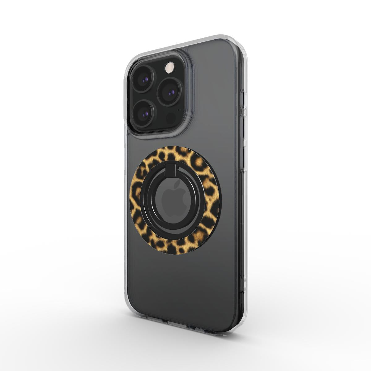 Schuin aanzicht van telefoon met magnetische luipaardprint ringhouder