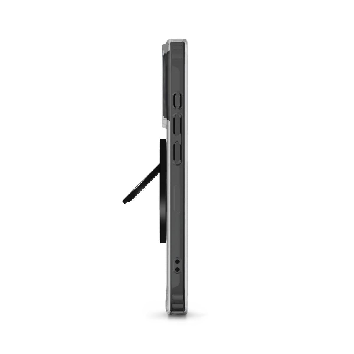 Zijaanzicht van uitgeklapte magnetische ringhouder op een telefoon