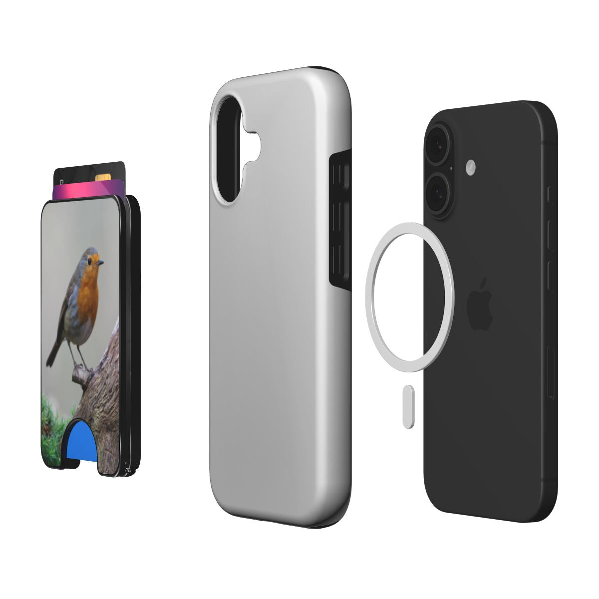 Roodborst Magnetic Wallet gebruikt als telefoonstandaard