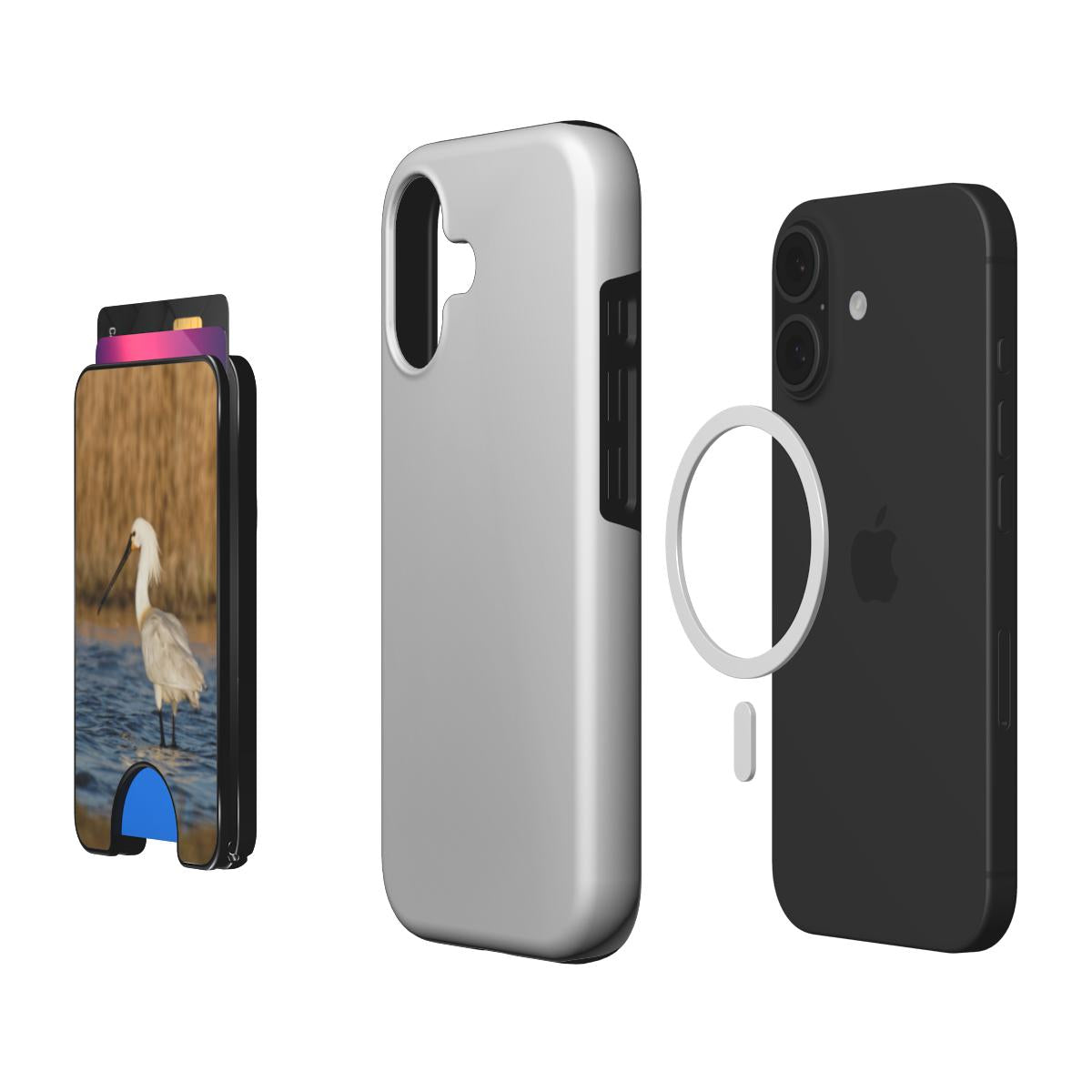 Lepelaar Magnetic Wallet met pasjes naast MagSafe-telefoon en hoesje