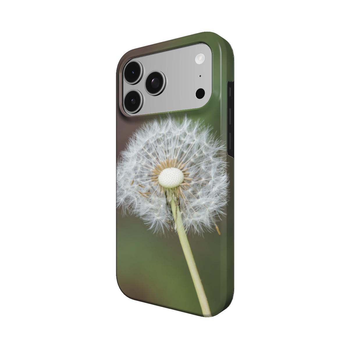 iPhone-hoesje met originele paardenbloemfoto, schuin aanzicht