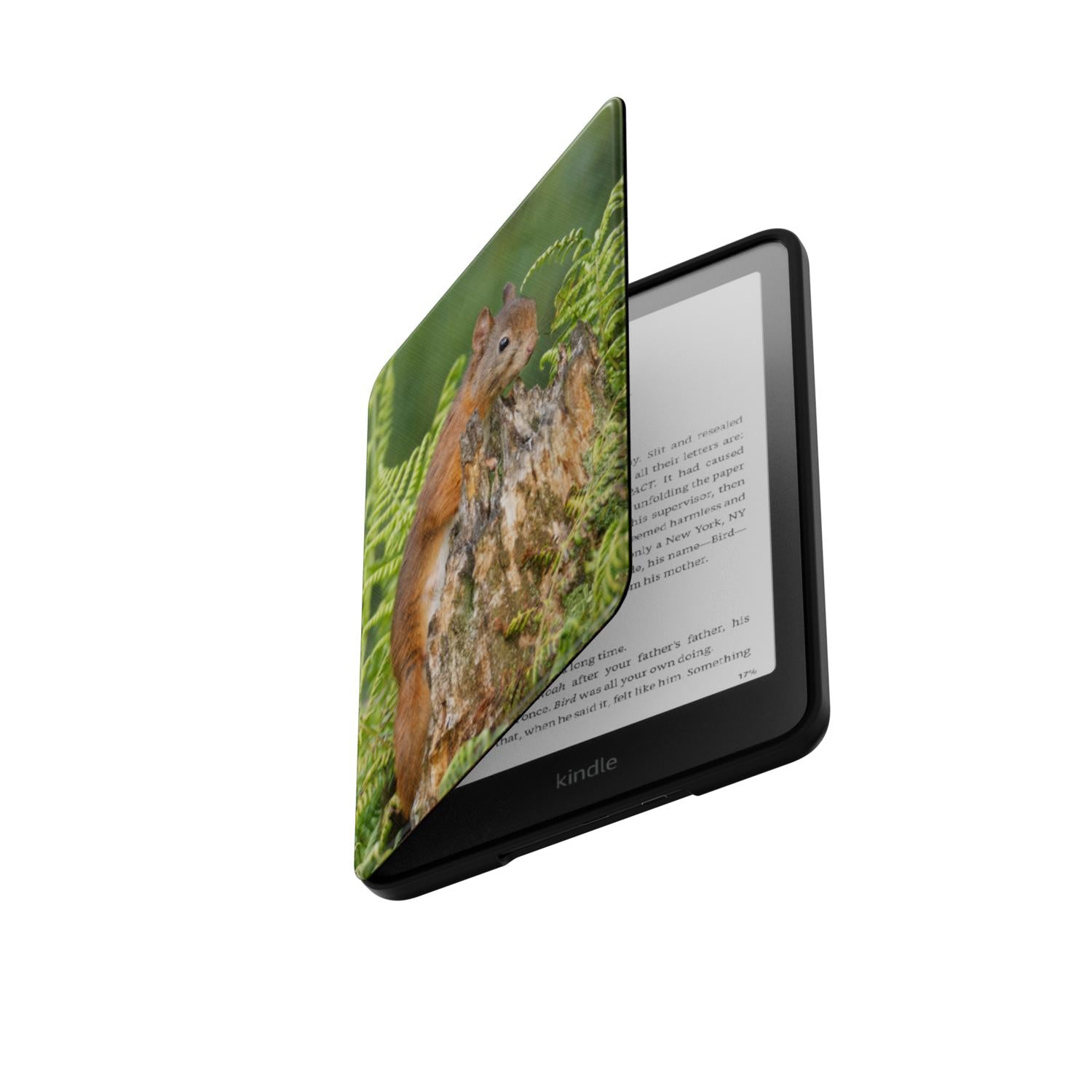 Eekhoorn Kindle folio-case vanuit schuin zijaanzicht