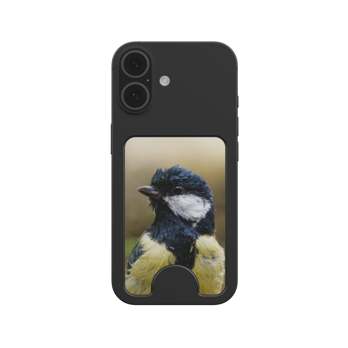 Koolmees Portret II kaarthouder bevestigd aan een telefoon