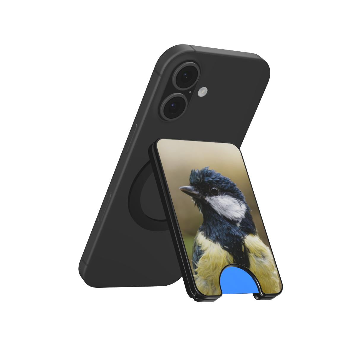 Koolmees Portret II Magnetic Wallet gebruikt als telefoonstandaard