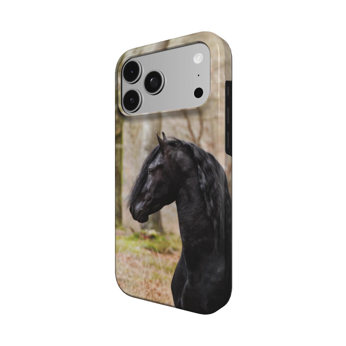 iPhone-hoesje met originele foto van een Fries paard, schuin aanzicht