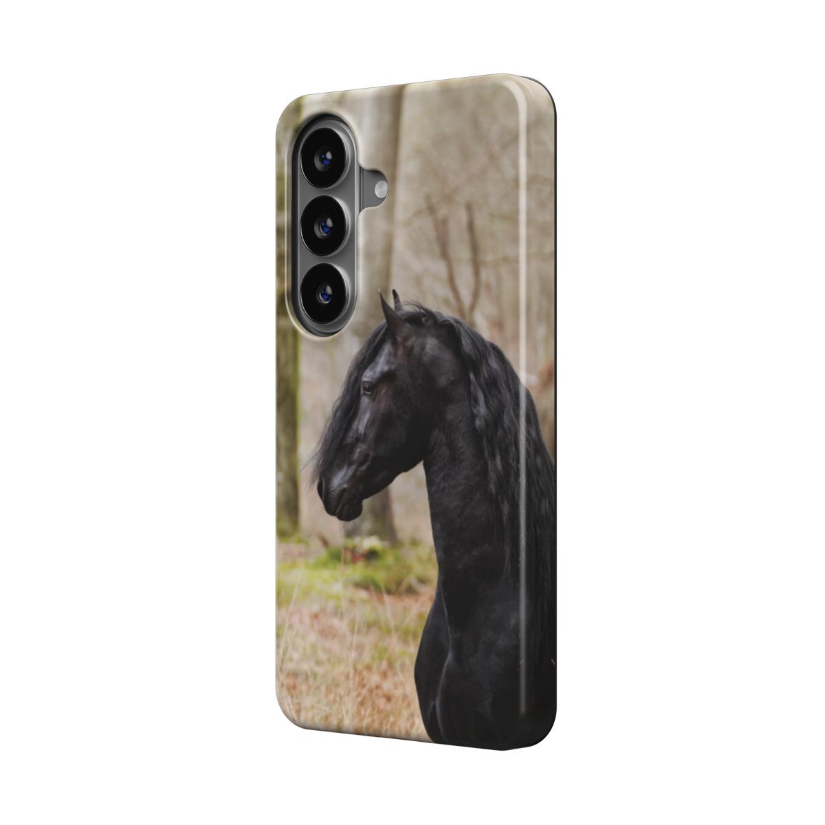 Samsung-hoesje met originele foto van een Fries paard, schuin aanzicht