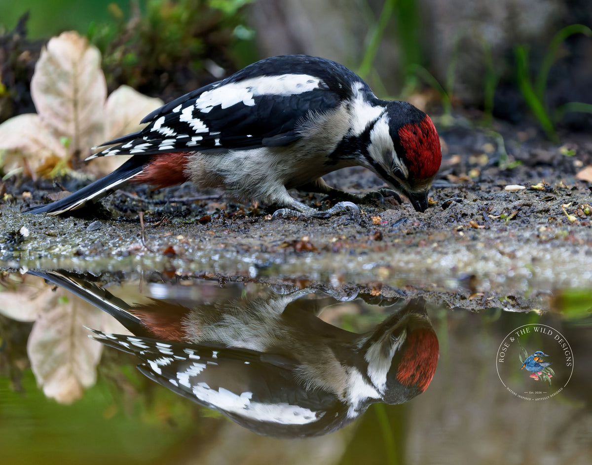 Grote bonte specht bij het water, met zijn weerspiegeling in het wateroppervlak.