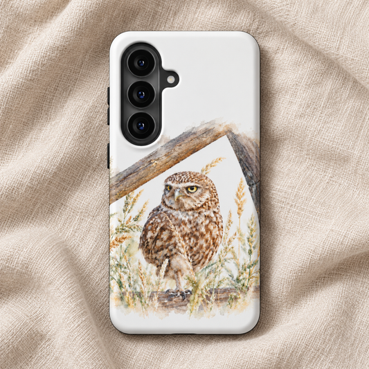 Wit Samsung-hoesje met Steenuil in aquarelstijl, van achteren gefotografeerd op naturel linnen.