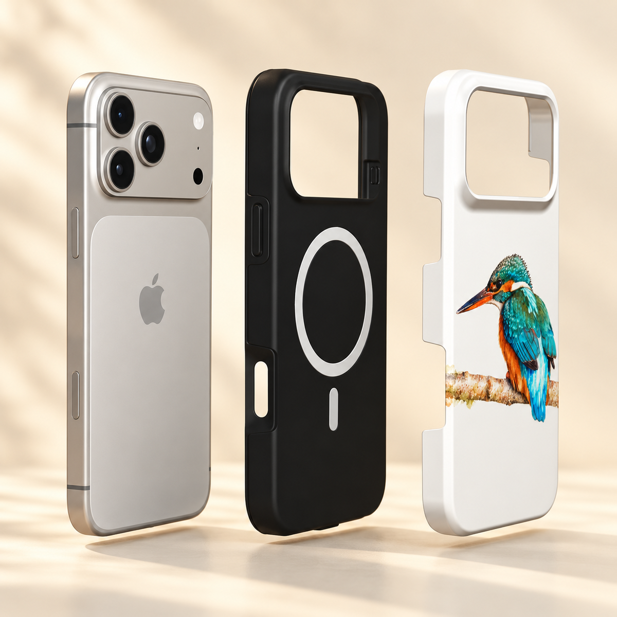 Opbouw van het iPhone-hoesje met IJsvogel: telefoon, zwarte binnenlaag met magnetische ring en witte bedrukte buitenkant naast elkaar.