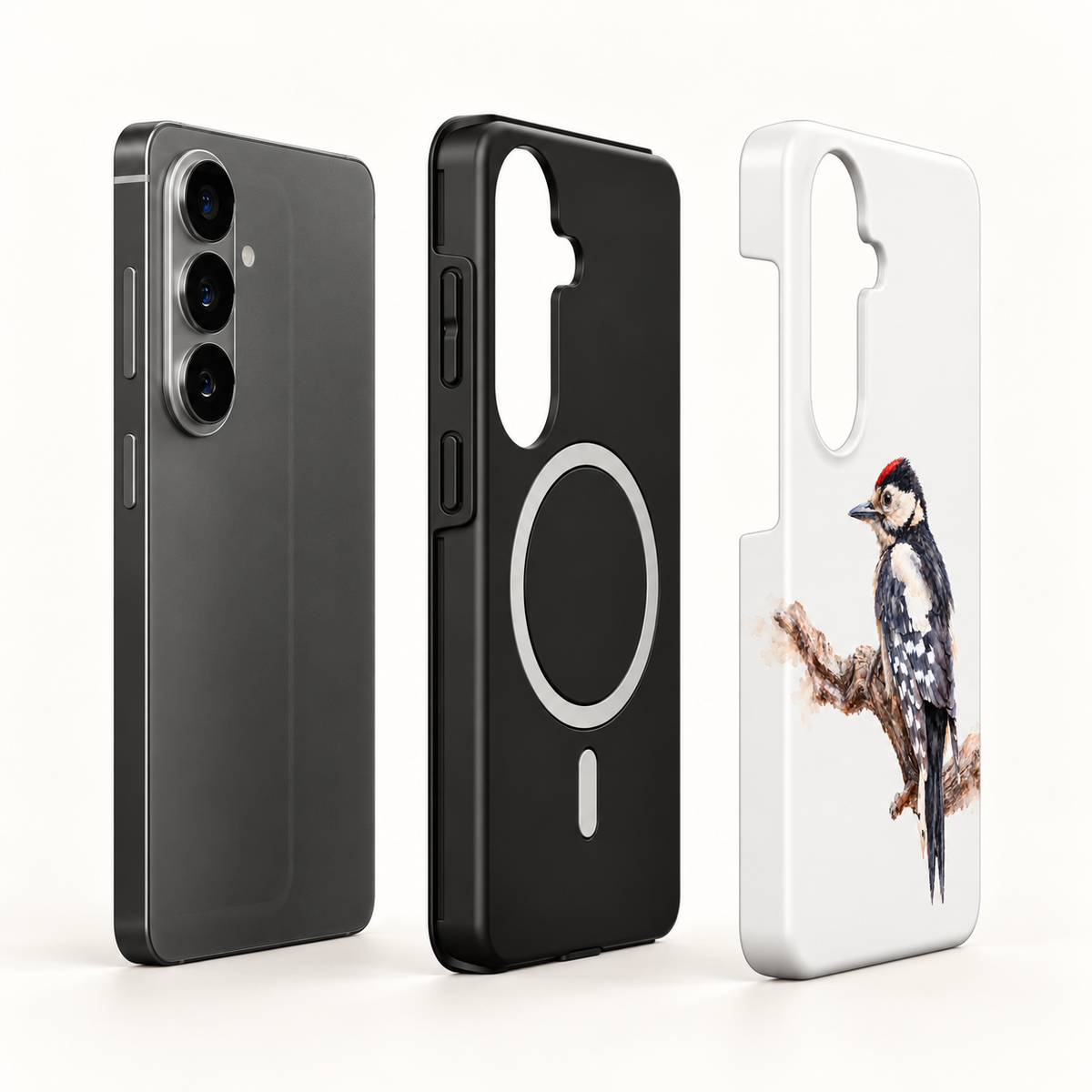 Opbouw van de magnetische Samsung Tough Case: telefoon, zwarte binnenlaag met magneetring en witte buitenkant met Grote Bonte Specht.