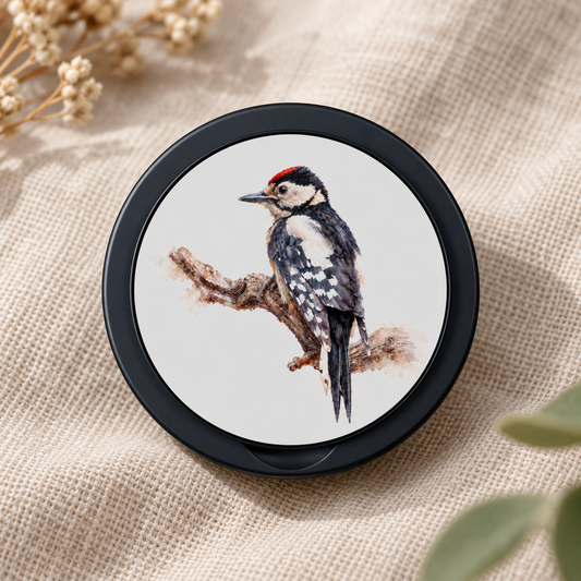 Gesloten magnetic phone grip met Grote Bonte Specht in aquarelstijl en zwarte rand, op naturel linnen.