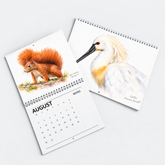Aquarelkalender 2027 met lepelaar op de omslag en augustuspagina met een rode eekhoorn