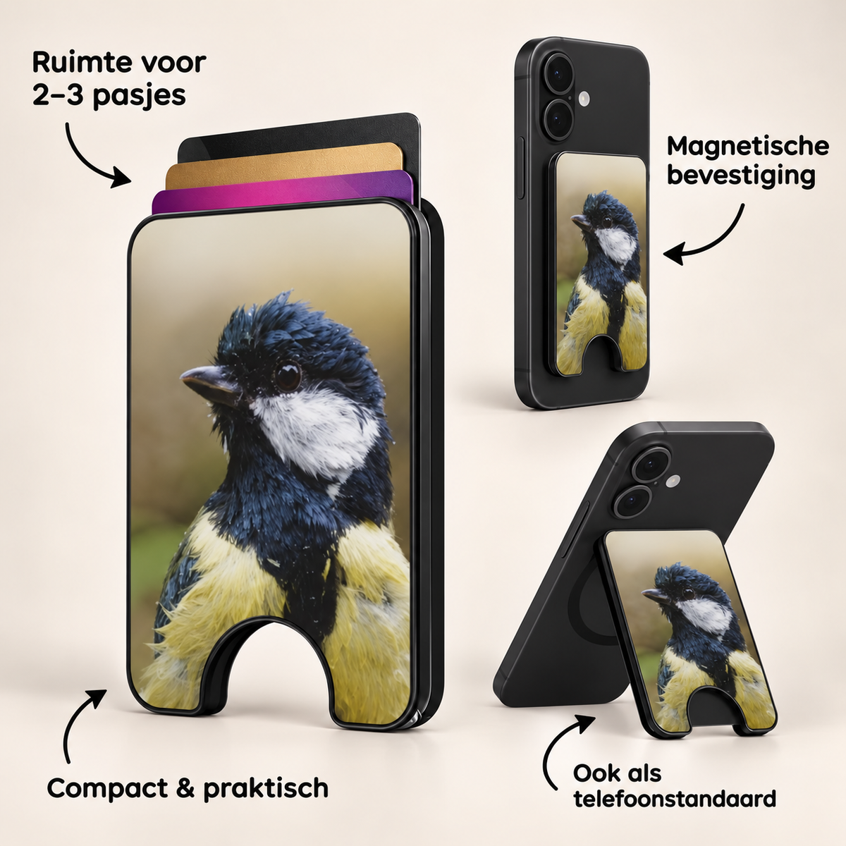 Koolmees Portret II – Magnetic Wallet met Standaard