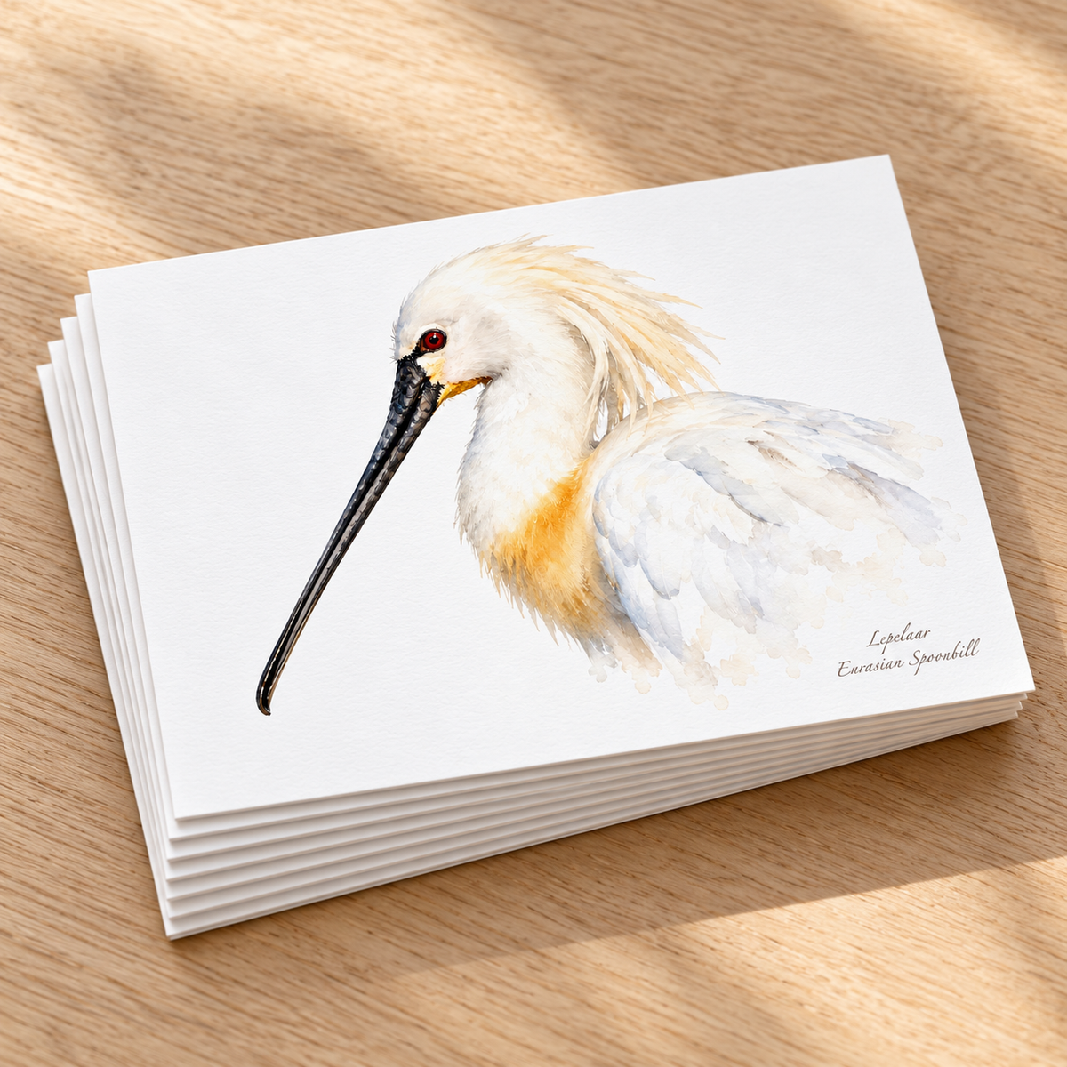 Stapel liggende briefkaarten met een lepelaar in aquarelstijl op een houten tafel