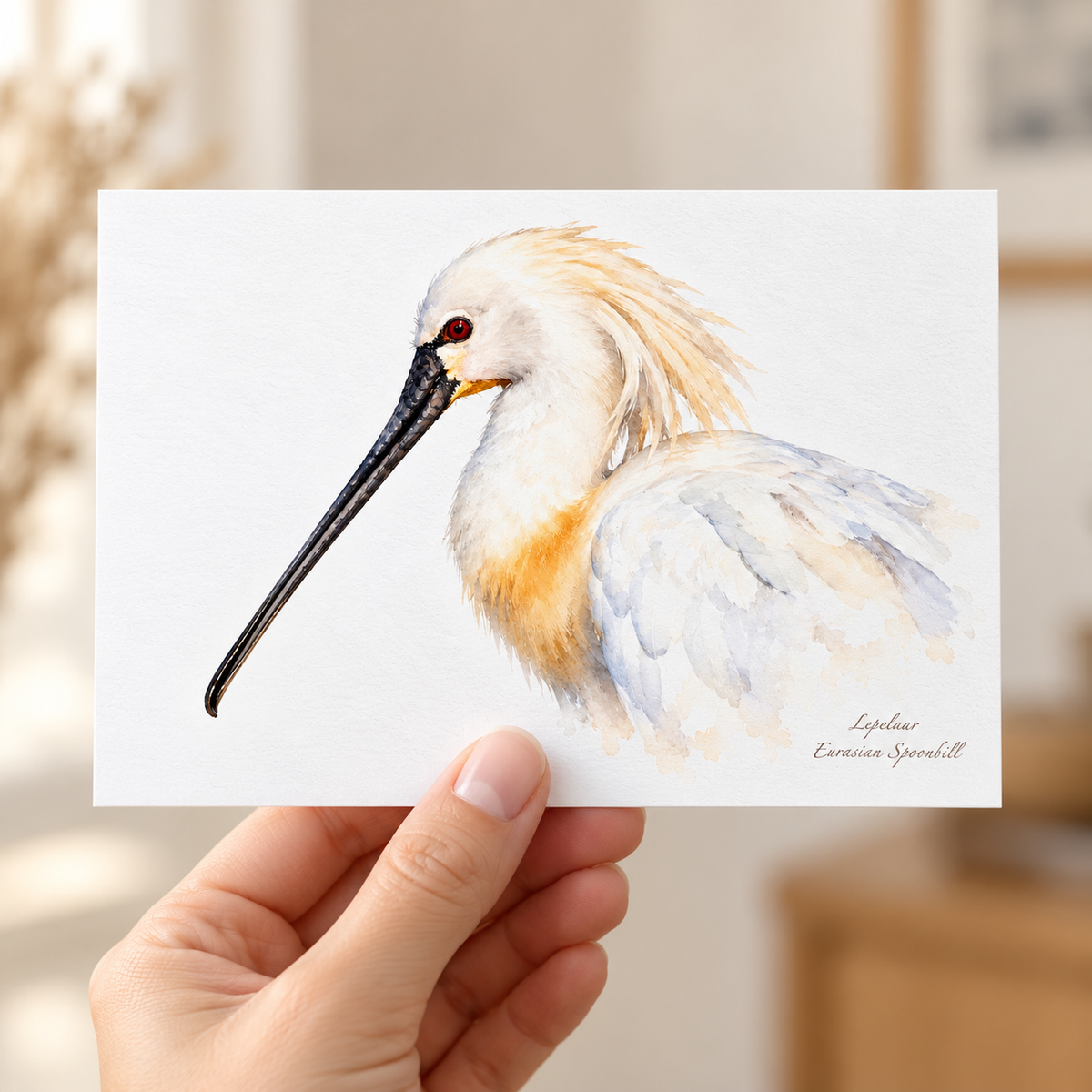 Hand houdt een briefkaart met een lepelaar in aquarelstijl tegen een lichte achtergrond