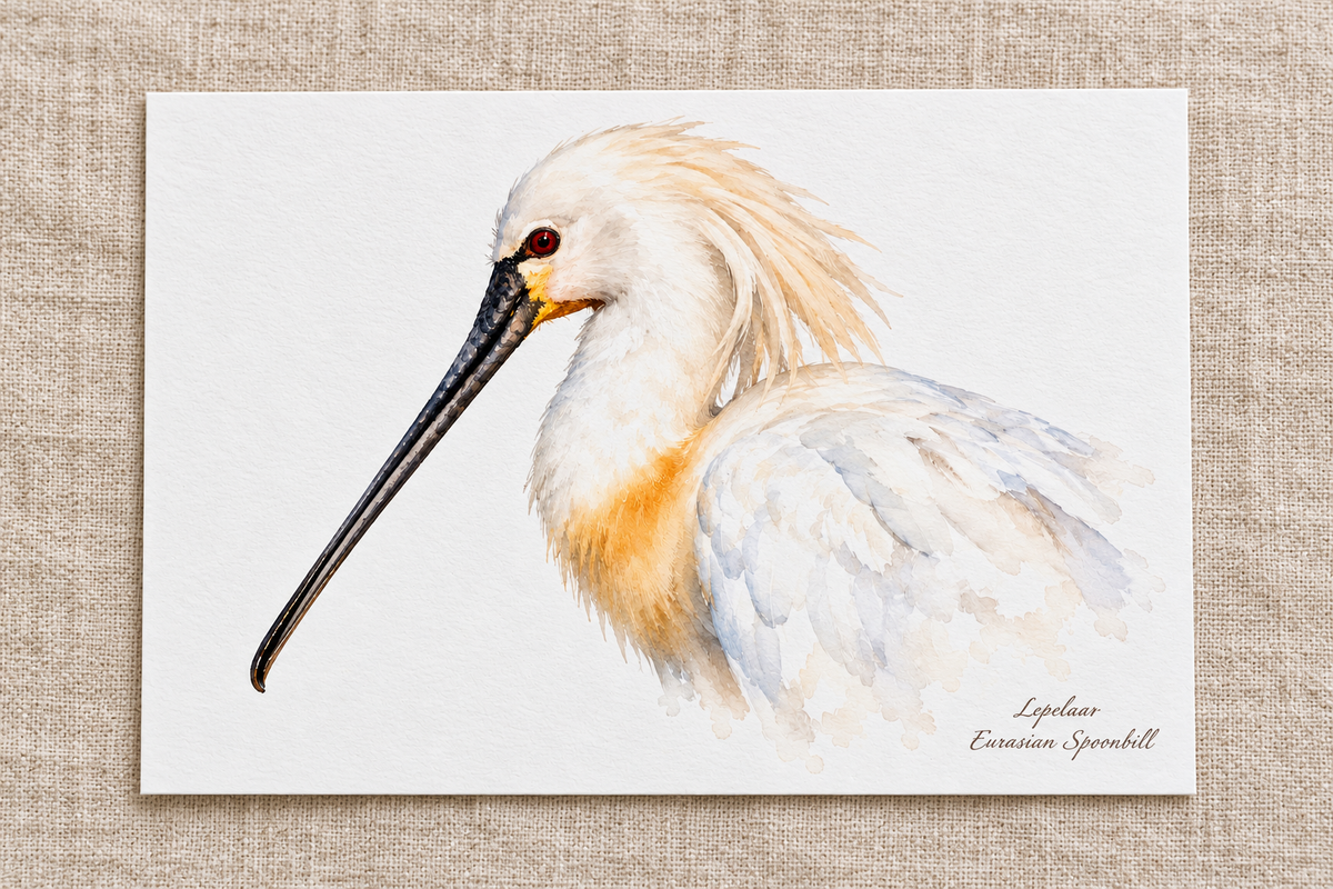 Liggende briefkaart met een lepelaar in aquarelstijl op beige linnen