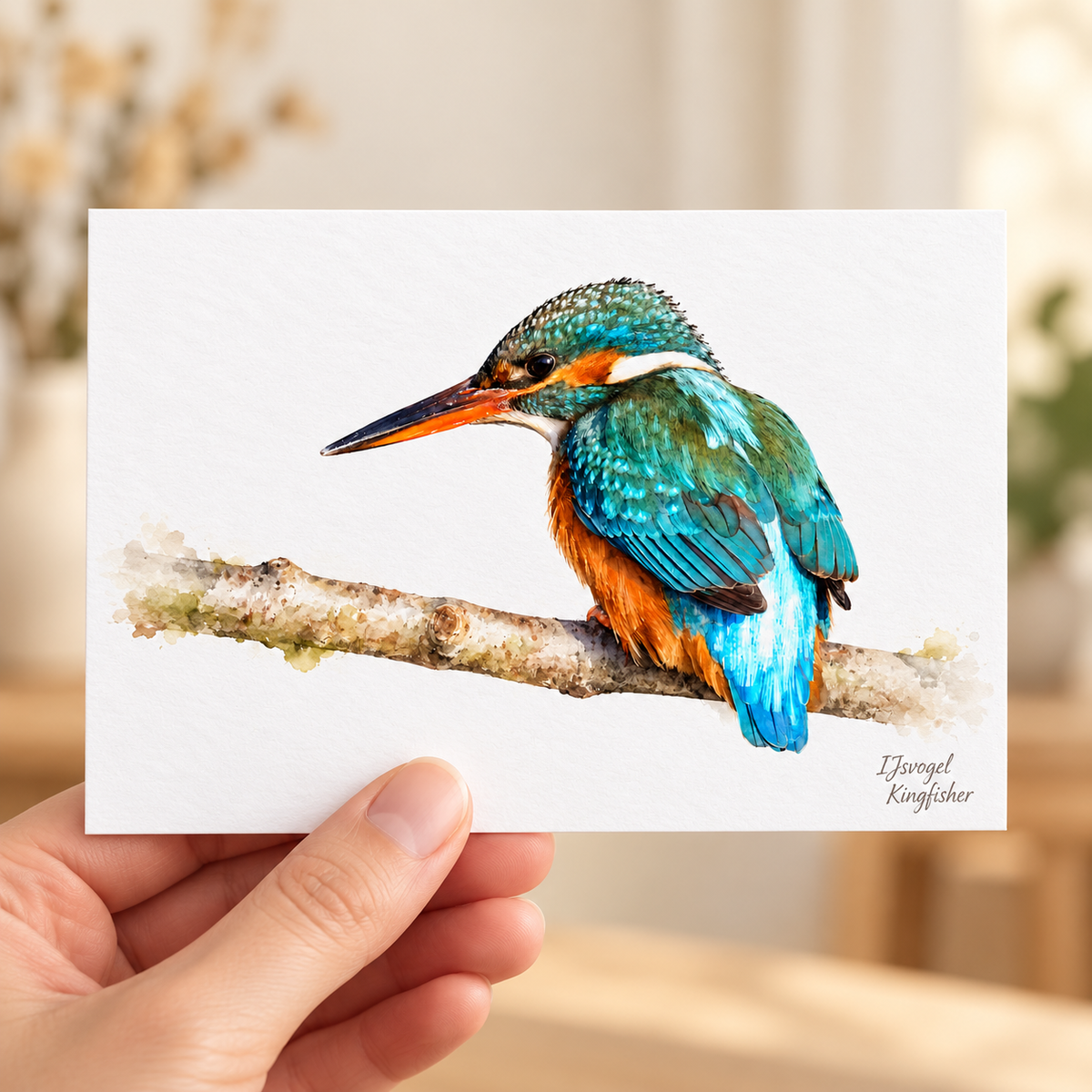 Hand houdt een briefkaart met een ijsvogel op een tak in aquarelstijl