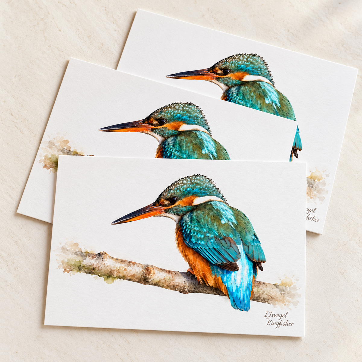 Drie overlappende briefkaarten met een ijsvogel in aquarelstijl op een lichte ondergrond