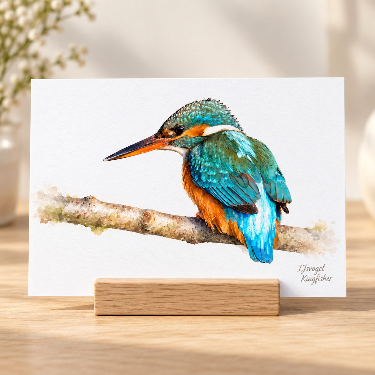 Briefkaart met een ijsvogel in aquarelstijl in een houten kaarthouder op tafel