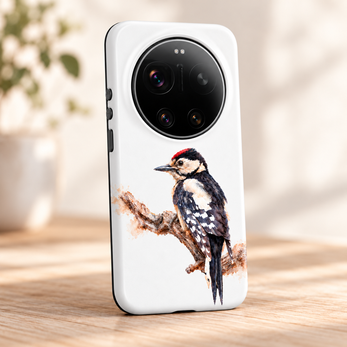 Witte Xiaomi 17 Ultra Tough Case met Grote Bonte Specht in aquarelstijl, schuin op een houten tafel.