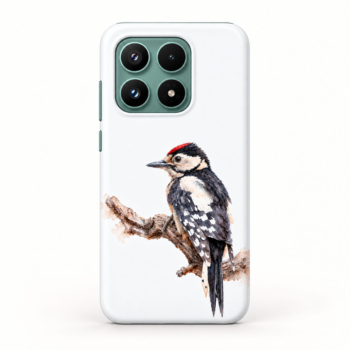 Achteraanzicht van de witte Xiaomi 17 Tough Case met Grote Bonte Specht en vierkante camera-uitsparing.