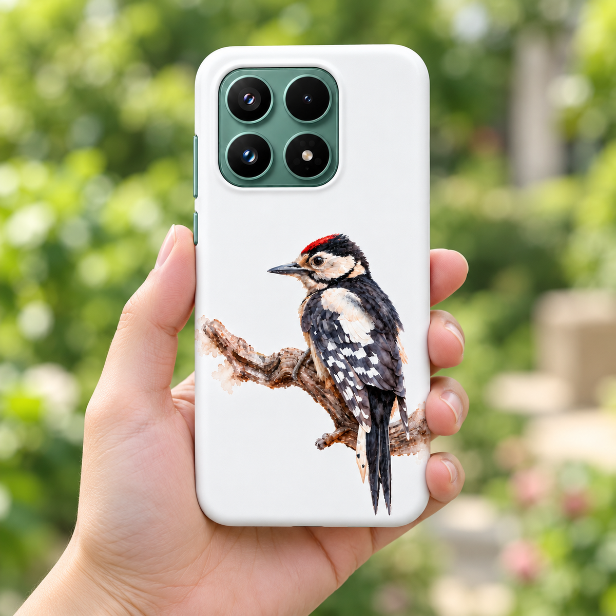 Witte Xiaomi 17 Tough Case met Grote Bonte Specht op een tak, in een hand tegen een groene tuinachtergrond.