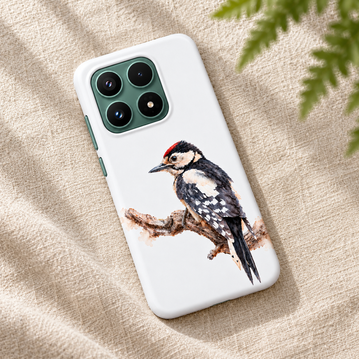 Witte Xiaomi 17 Tough Case met aquarelontwerp van een Grote Bonte Specht, liggend op beige linnen.