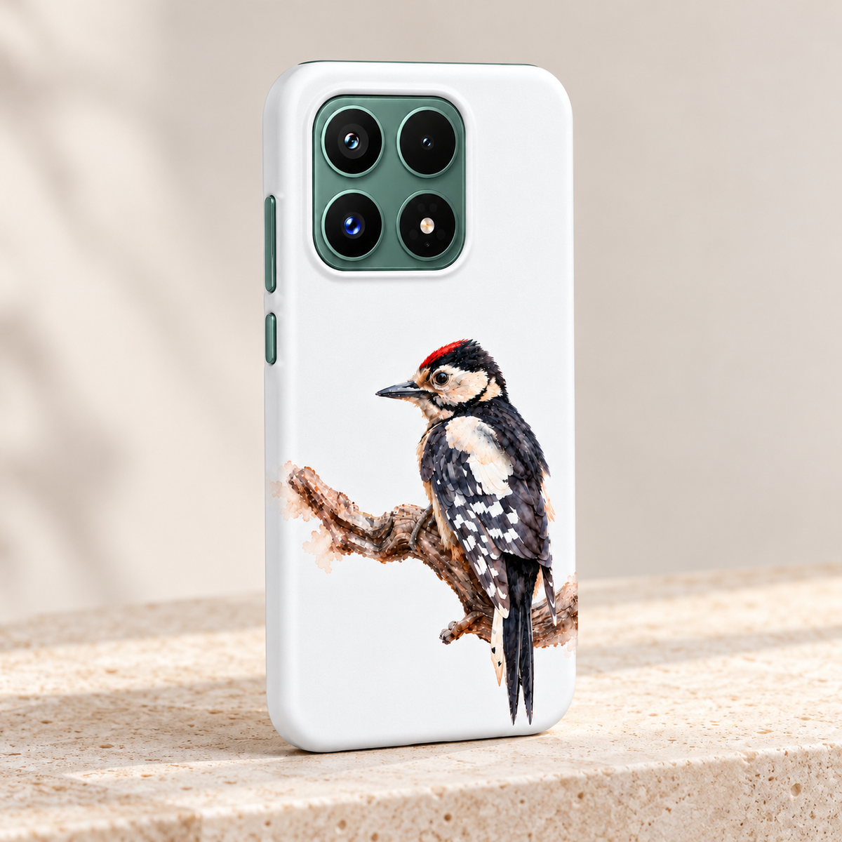 Xiaomi 17 telefoonhoes met Grote Bonte Specht in aquarelstijl, schuin op een lichte stenen ondergrond.