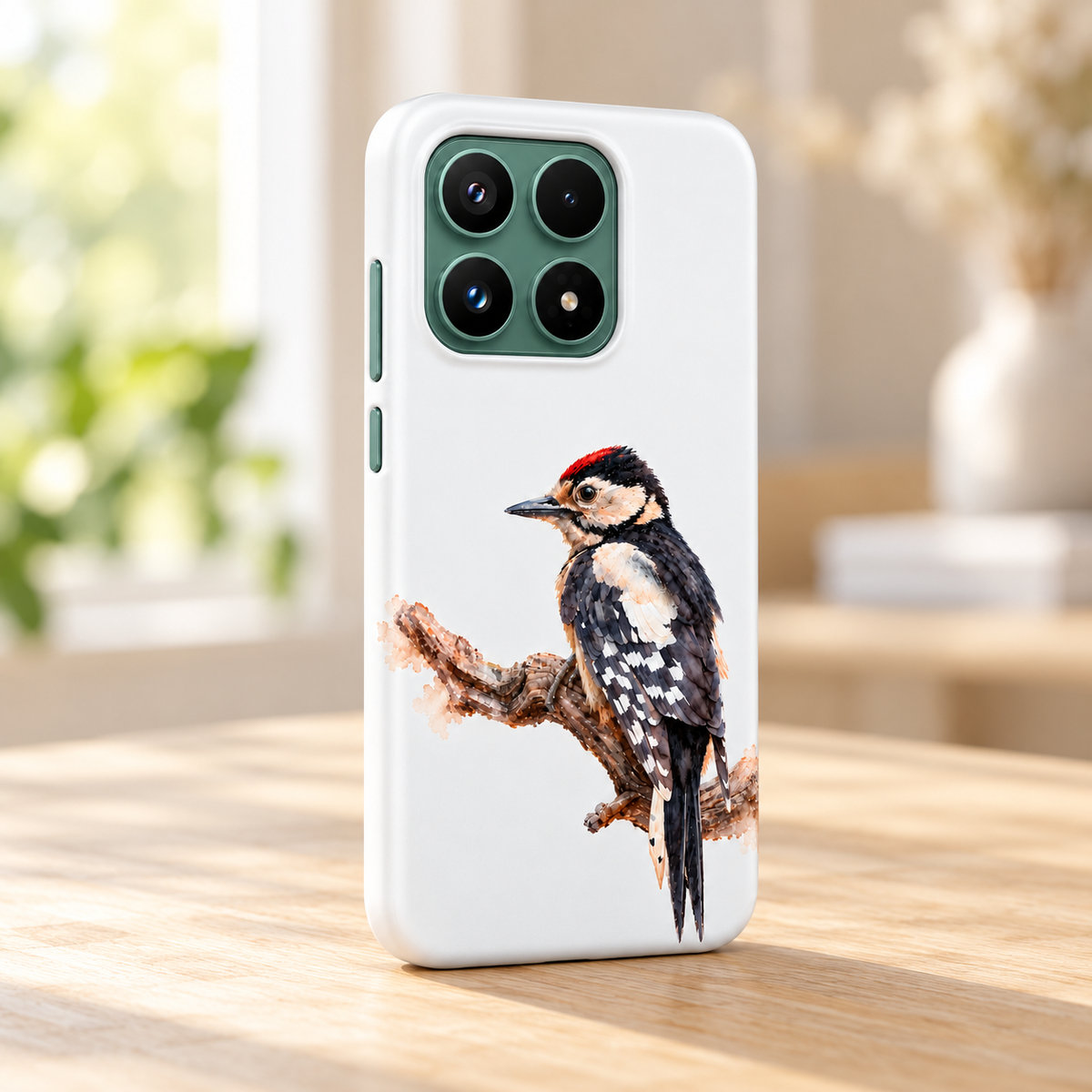 Xiaomi 17 Tough Case met Grote Bonte Specht op een tak, staand op een houten tafel bij een raam.