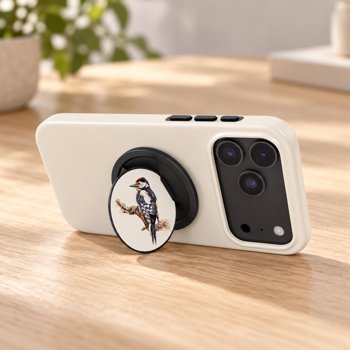 Uitgeklapte magnetic phone grip met Grote Bonte Specht als standaard voor een telefoon met wit hoesje, op een houten tafel.