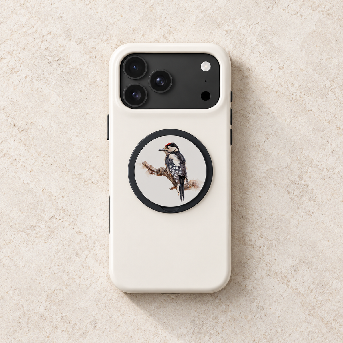 Wit telefoonhoesje met gesloten magnetische grip met Grote Bonte Specht in aquarelstijl, op lichte steen.