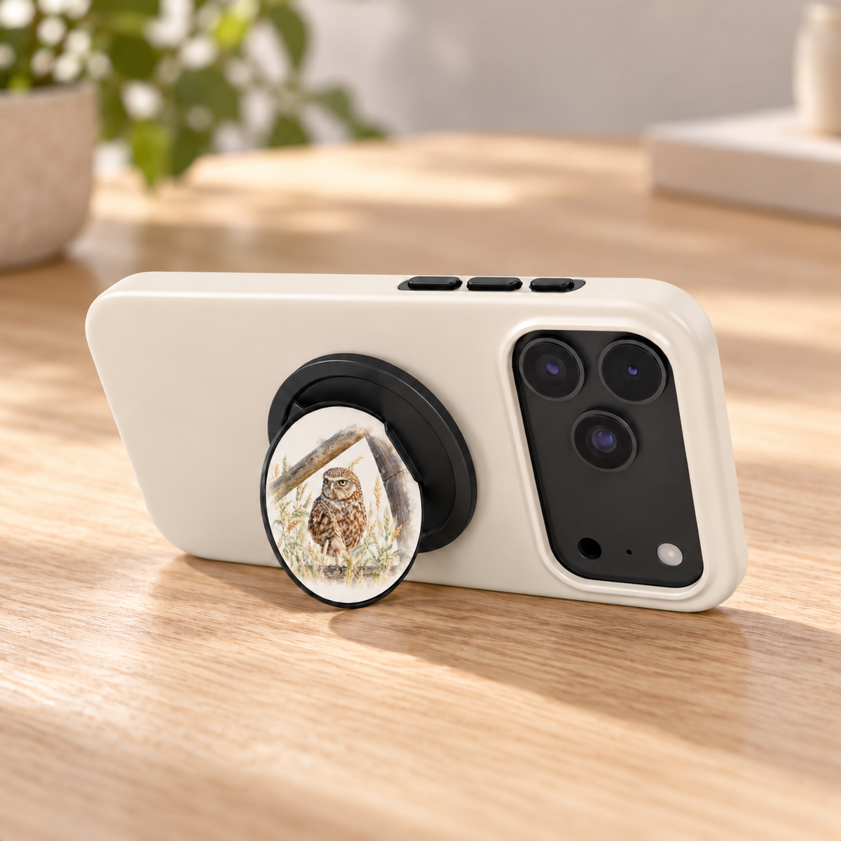 Uitgeklapte magnetic phone grip met Steenuil als standaard voor een telefoon met wit hoesje, op een houten tafel.