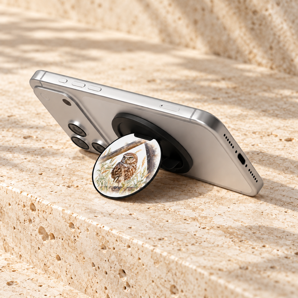 Zilveren telefoon in liggende stand, ondersteund door de uitgeklapte magnetische grip met Steenuil, op lichte steen.