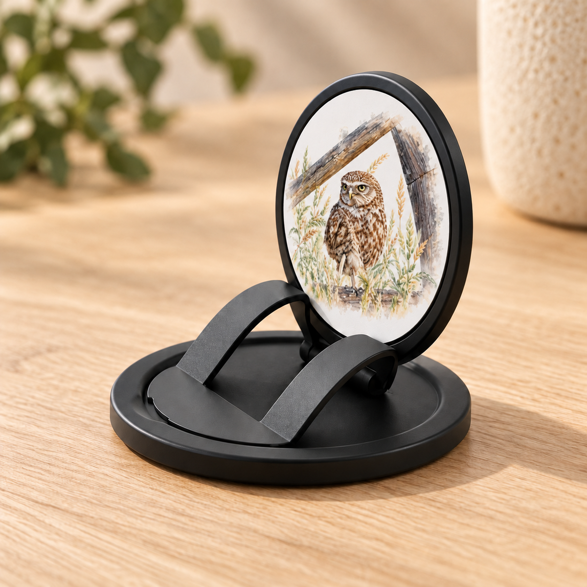 Opengeklapte telefoongrip met Steenuil in aquarelstijl en zwart scharniermechanisme, op een houten tafel.