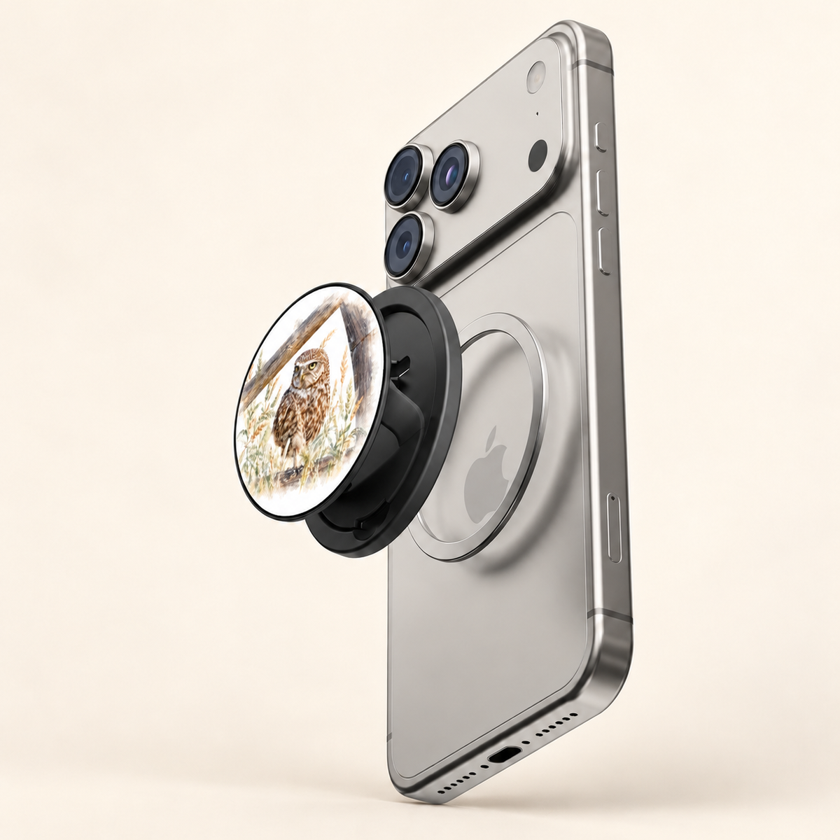 Magnetic phone grip met Steenuil naast de magnetische ring op de achterkant van een zilveren telefoon, met de bevestiging zichtbaar.