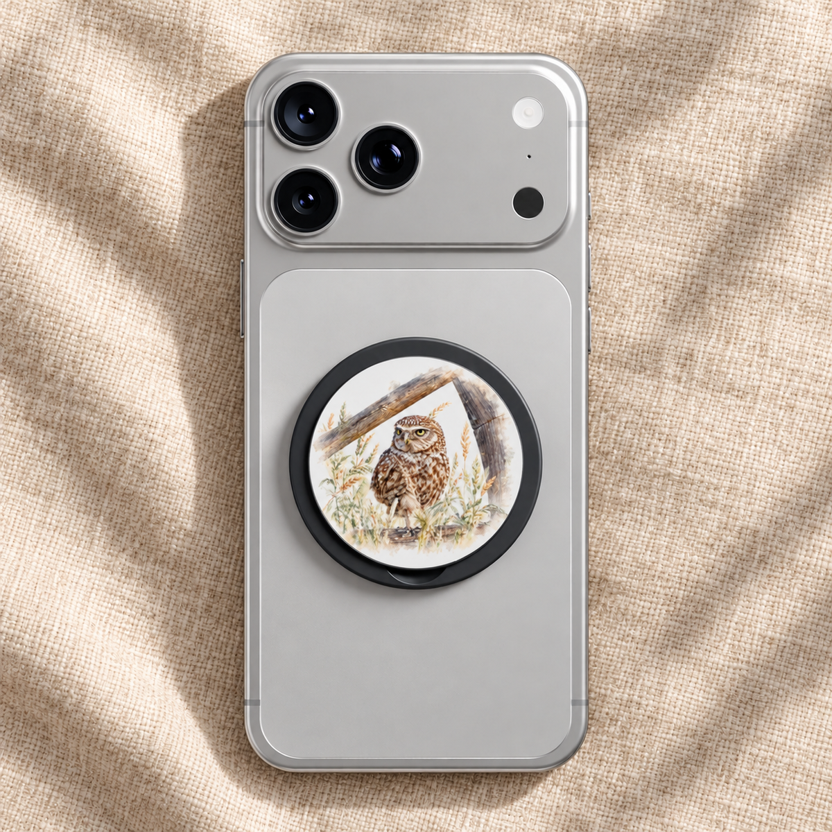 Zilveren telefoon met gesloten magnetic phone grip met Steenuil in aquarelstijl, op naturel linnen.