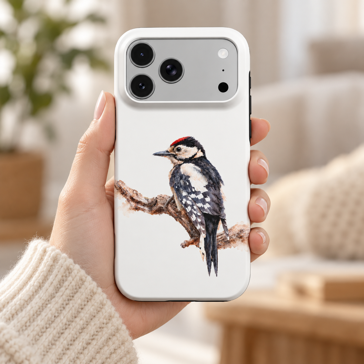 iPhone-hoesje met Grote Bonte Specht in aquarelstijl in de hand, met de bedrukte achterkant en camera-uitsparing zichtbaar.