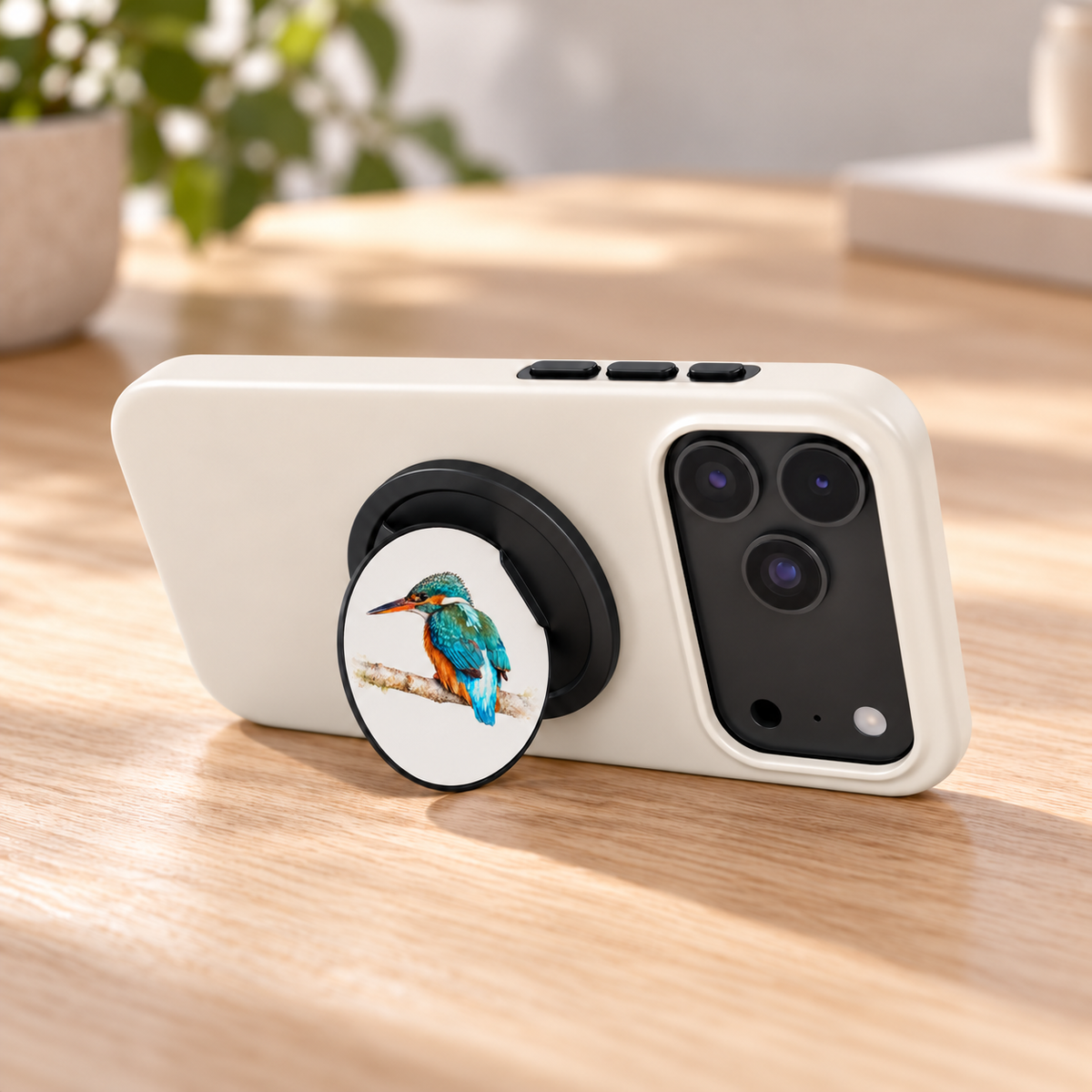 Uitgeklapte magnetic phone grip met IJsvogel als standaard voor een telefoon met wit hoesje, op een houten tafel.