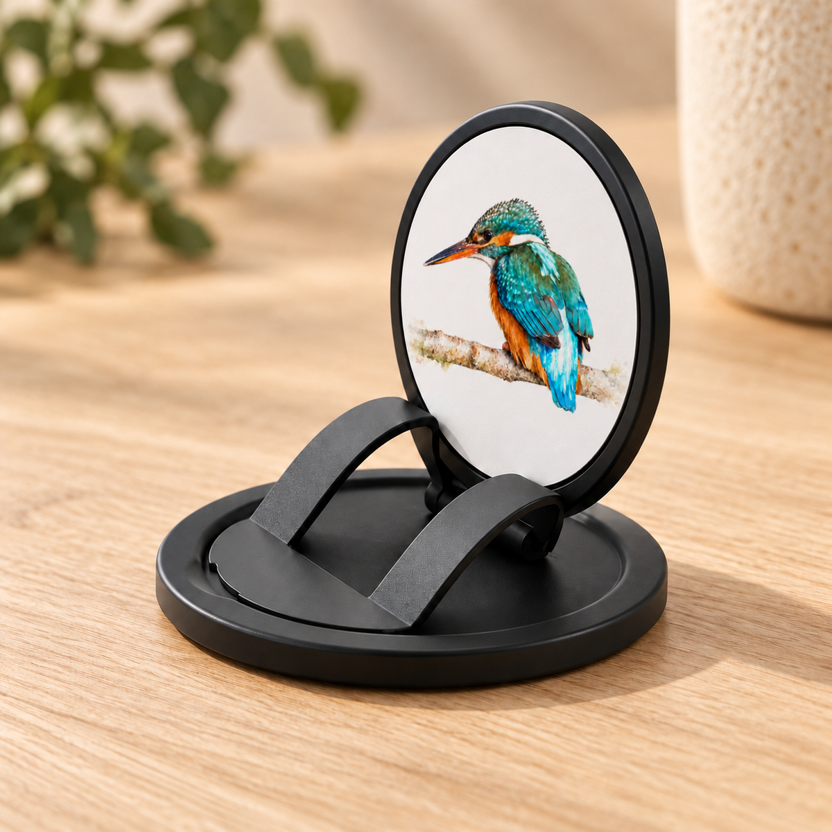 Opengeklapte telefoongrip met IJsvogel in aquarelstijl en zwart scharniermechanisme, op een houten tafel.