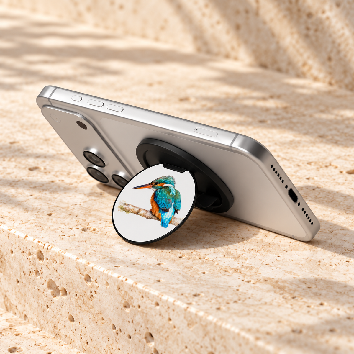 Zilveren telefoon in liggende stand, ondersteund door de uitgeklapte magnetische grip met IJsvogel, op lichte steen.