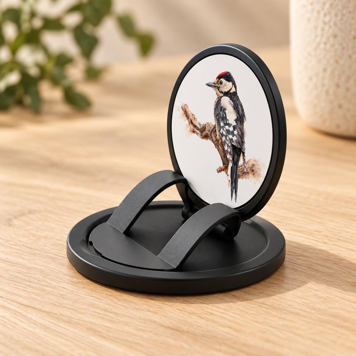 Opengeklapte telefoongrip met Grote Bonte Specht in aquarelstijl en zwart scharniermechanisme, op een houten tafel.