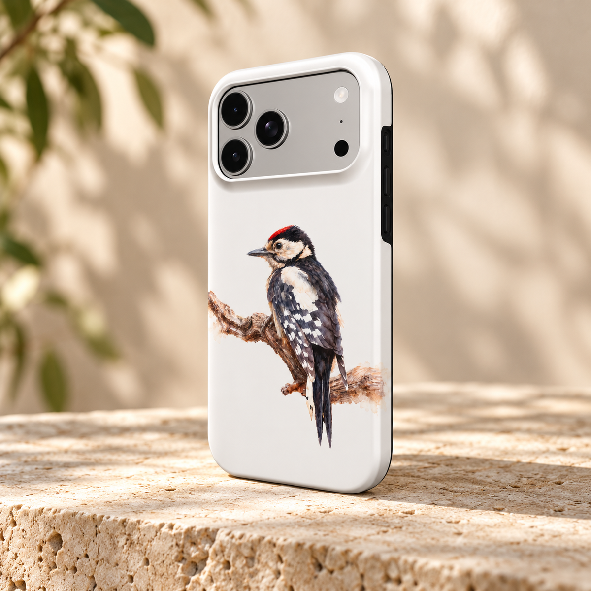 Wit iPhone-hoesje met Grote Bonte Specht in aquarelstijl, schuin van achteren op een lichte stenen ondergrond.