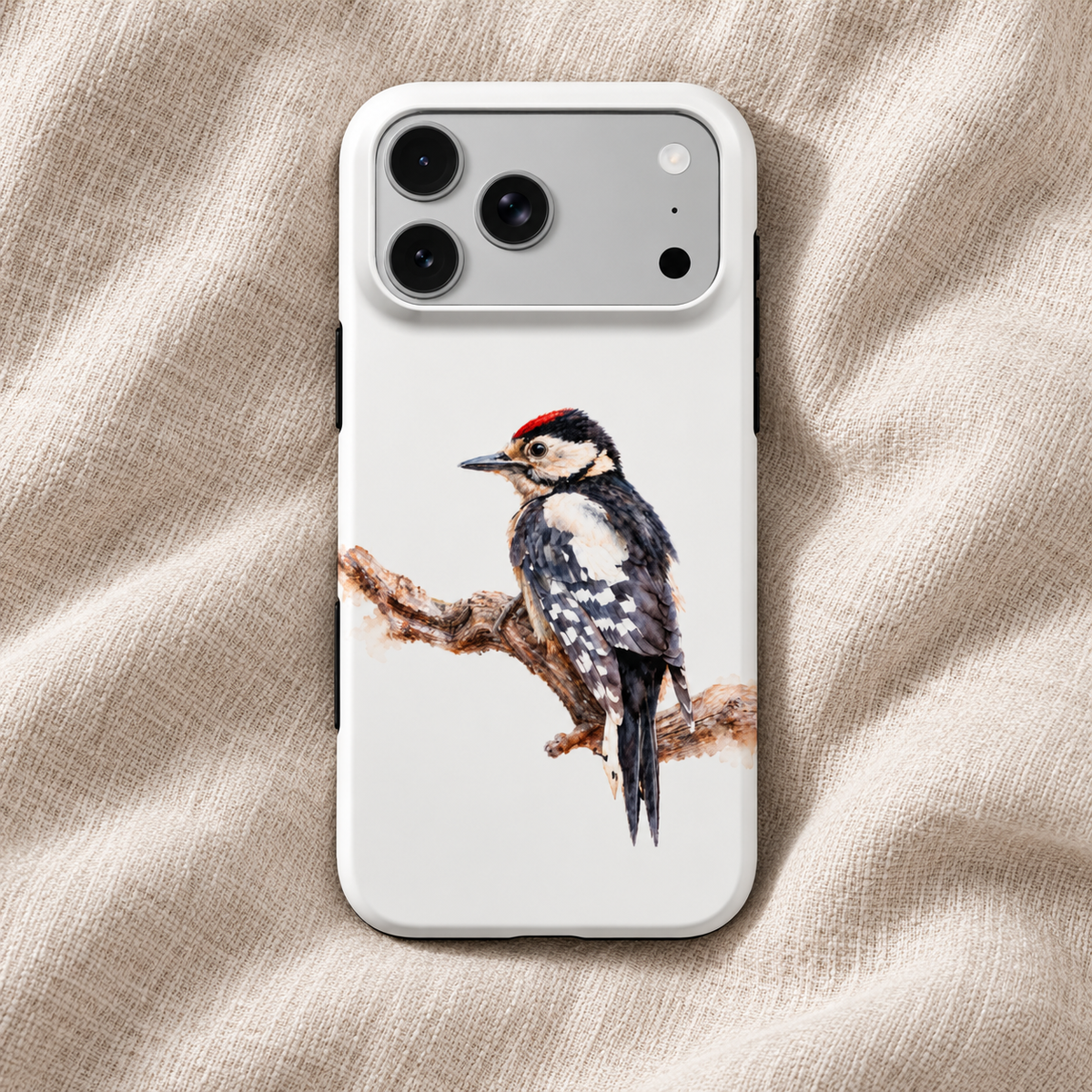 Wit iPhone-hoesje met Grote Bonte Specht in aquarelstijl, van achteren gefotografeerd op naturel linnen.